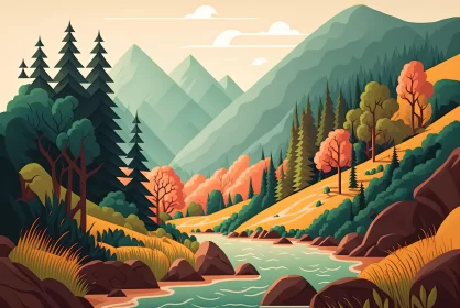 Autumn Landscape Drawing Illustration with Bold Palette