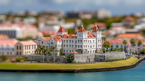 Captivating Tilt-Shift Image of a Coastal Town | Blue Sky, Palm Trees, and Sparkling Waters