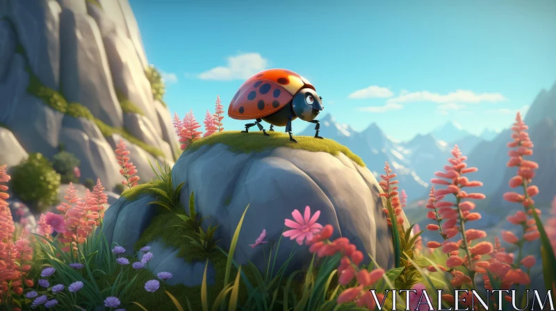 Cartoon Ladybug in Field of Flowers AI Image