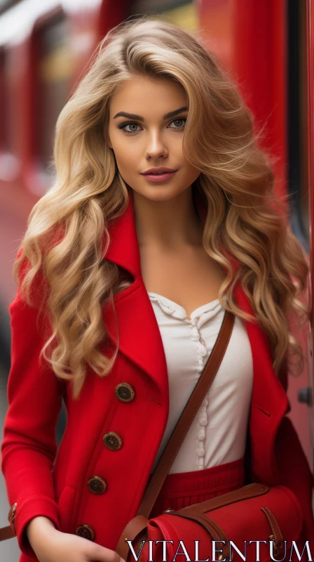 Confident Blonde Woman in Red Coat Portrait AI Image