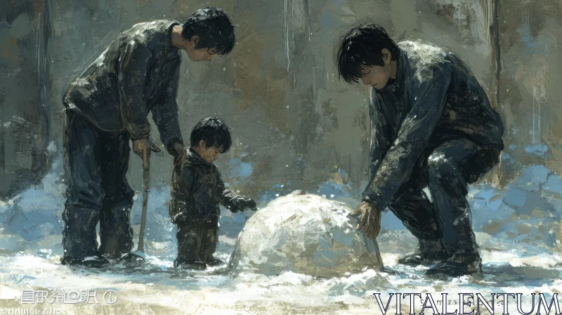 Creating Memories: Father and Sons Build Snowman in Winter Wonderland AI Image