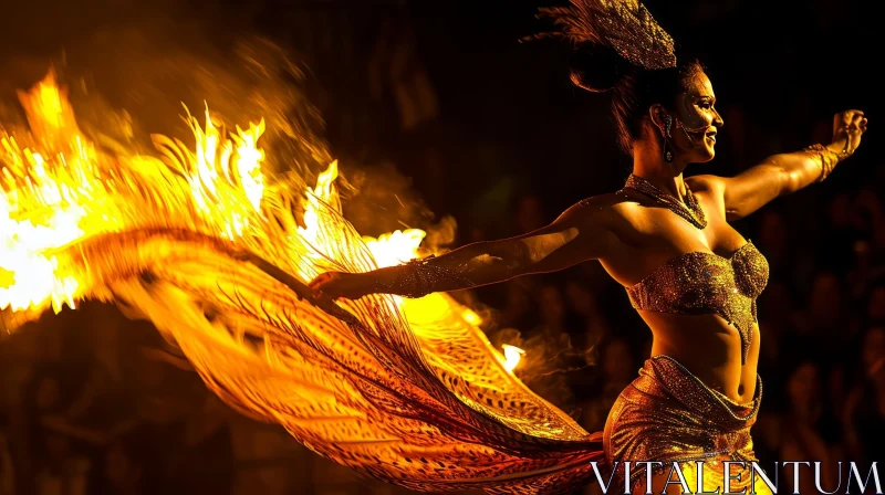 AI ART Enchanting Fire Dancer in Golden Costume with Feather Headdress