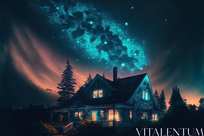 Enchanting House in the Stars - Dreamlike Night Sky AI Image