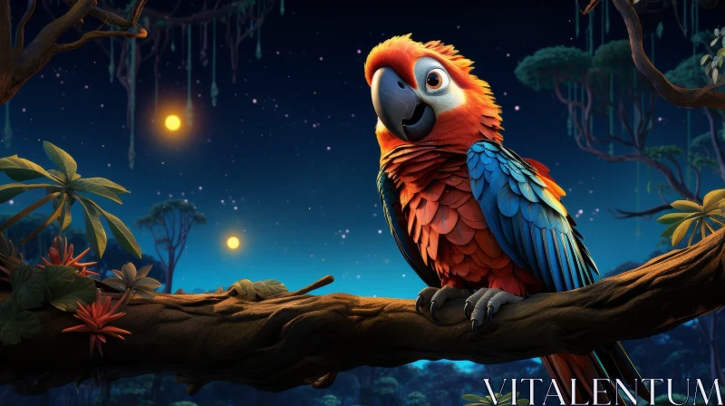 Enigmatic Parrot in Jungle Night with Moons AI Image