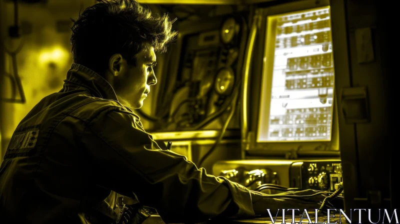 Focused Young Man in Yellow Jumpsuit Working at Computer Terminal AI Image
