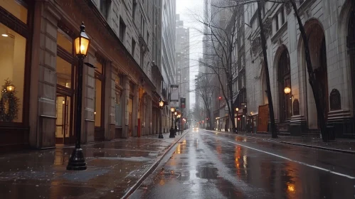 Gloomy Wet City Street with Tall Buildings and Rain