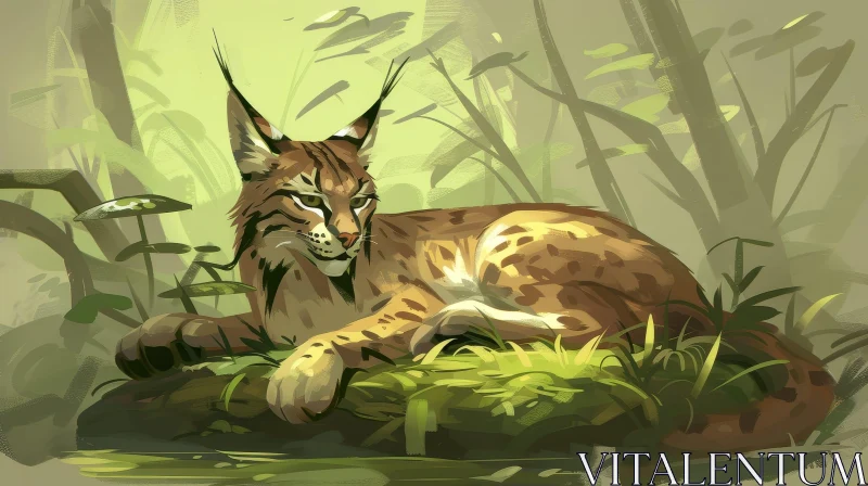 Lynx in Green Forest - Digital Painting AI Image