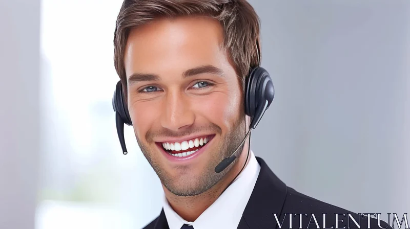 Portrait of a Smiling Young Man in a Suit with a Headset AI Image