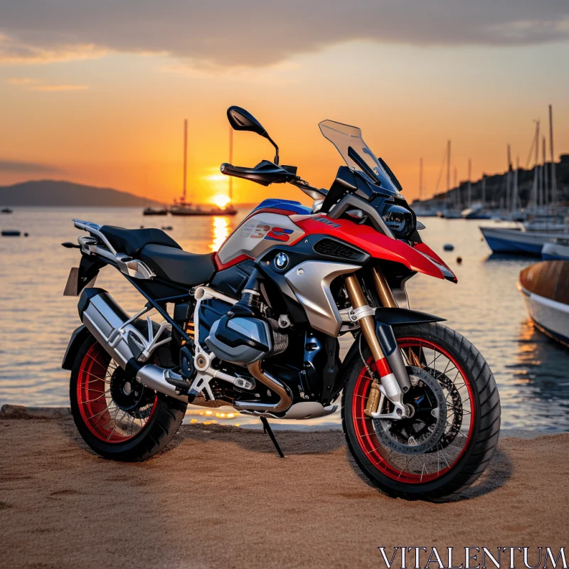 AI ART Red BMW Motorcycle on Beach at Sunset | Dark White and Dark Azure