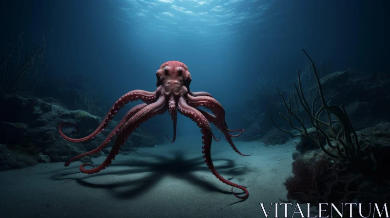 Red Octopus Digital Painting on Ocean Floor AI Image