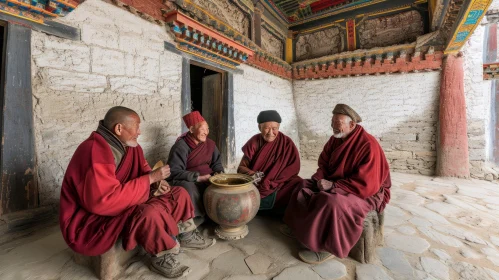 Serene Moment in a Temple: Elderly Buddhist Monks Engaged in Conversation
