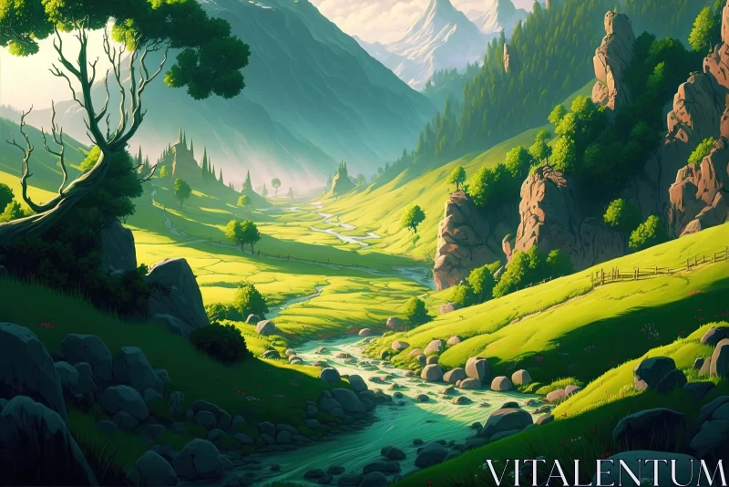 Serene Pastoral Scene: Beautiful Valley Wallpaper AI Image