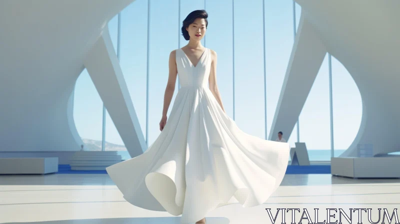 Smiling Asian Woman in White Dress | Modern Interior AI Image
