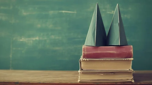 Vintage Books with Green Paper Cones on Wooden Table