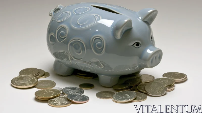 Blue Ceramic Piggy Bank with Patterns and Coins AI Image