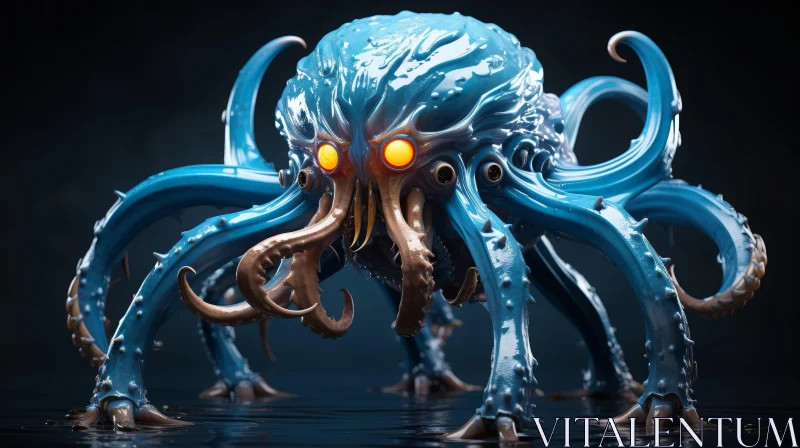 Blue Octopus-Like Creature in Water - 3D Rendering AI Image