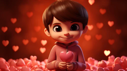 Cartoon Boy Holding Pink Heart in Sea of Hearts