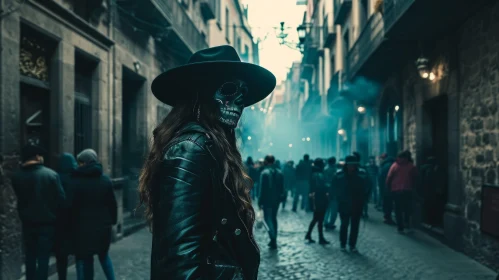 Mysterious Woman with Sugar Skull: Enigmatic Street Scene