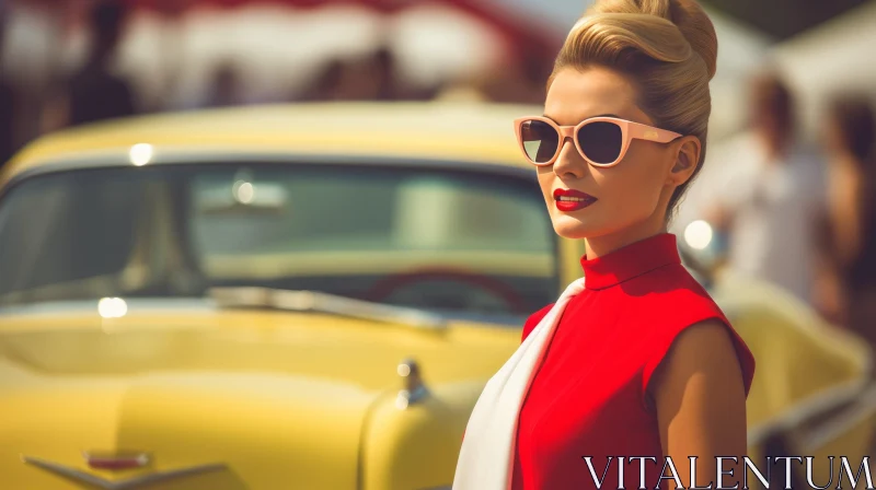 Stylish Woman in Red Dress with Yellow Retro Car AI Image