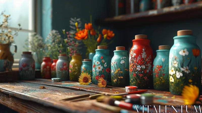 AI ART Tranquil Still Life: Wooden Table with Painted Glass Jars and Flowers