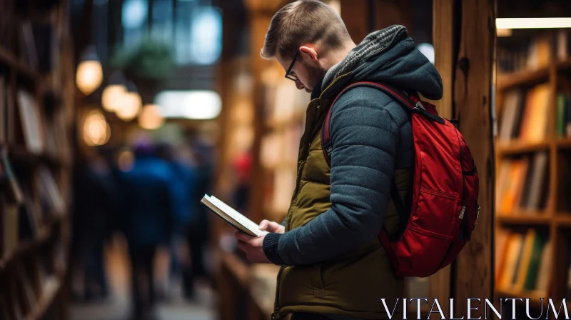 Young Man Reading Book in Crowded Bookstore AI Image