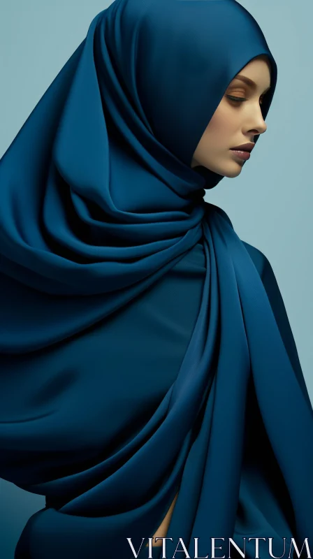 Young Woman in Blue Silky Hijab - Close-Up Portrait AI Image