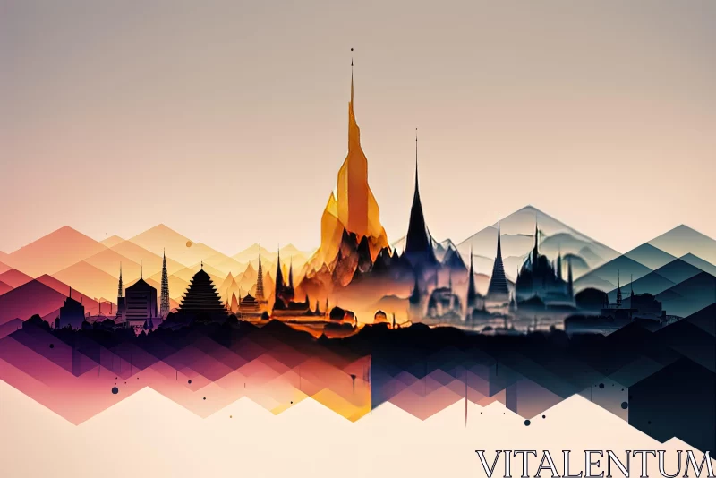Abstract Cityscape with Colorful Mountains: Buddhist Art and Architecture AI Image