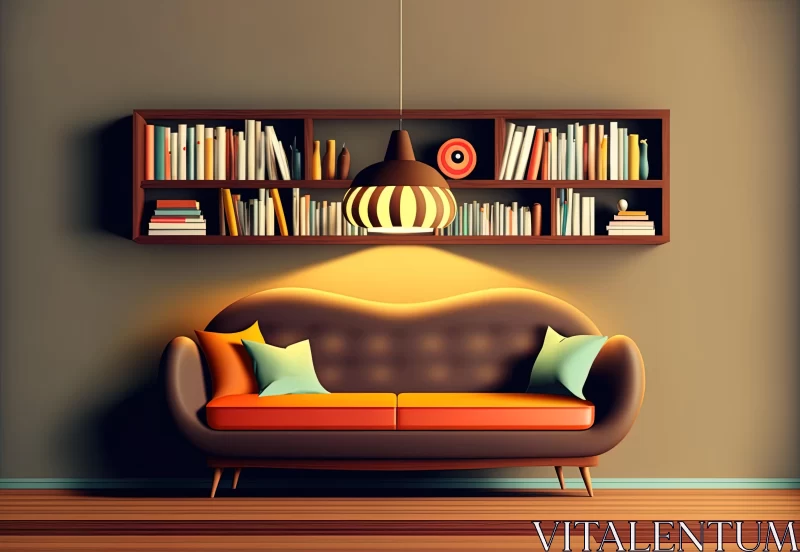 Captivating 3D Illustration of Couch in a Room with Bookshelf | Mid-Century Style AI Image