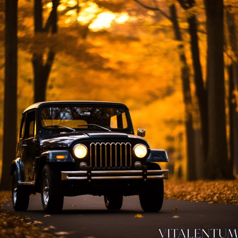 Captivating Black Jeep Driving through Fall Foliage | Forestpunk Inspiration AI Image