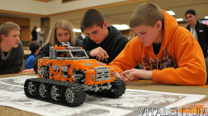 Captivating Image of Teenagers Building a Lego Mindstorms Robot in a Library AI Image