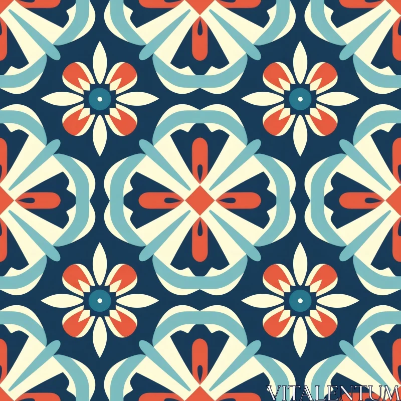 Geometric Floral Vector Pattern in Blue, White, and Red AI Image