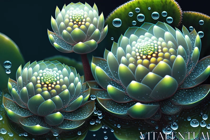 Intricate Green Lotus Flowers with Water Drops | Science Fiction Inspired AI Image