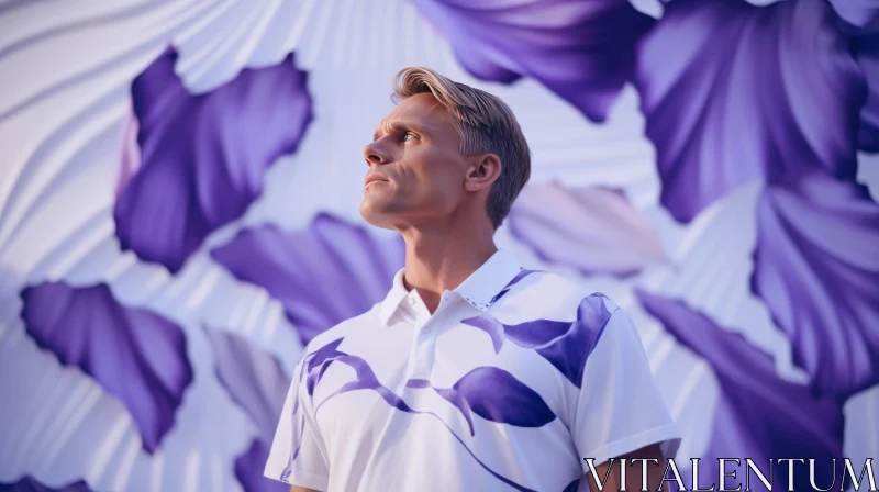 Man in White and Purple Floral Shirt with Flower Petals Background AI Image