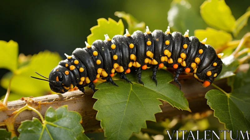 Realistic Black Caterpillar on Green Leaf AI Image