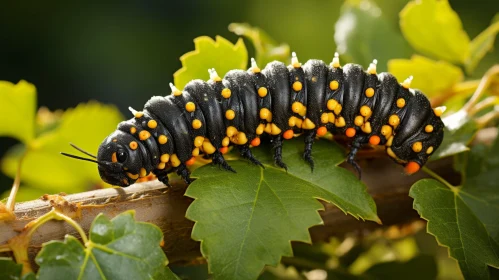 Realistic Black Caterpillar on Green Leaf