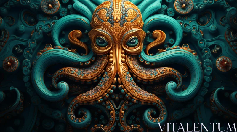 Realistic Octopus Digital Painting in Green and Gold AI Image