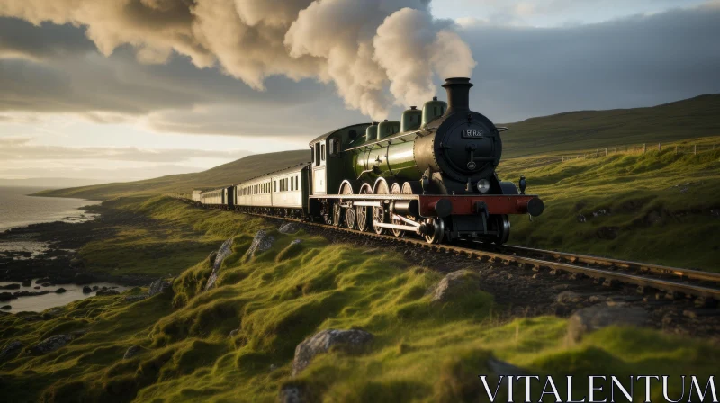 Scenic Green Steam Train Moving Along Coastal Hills AI Image