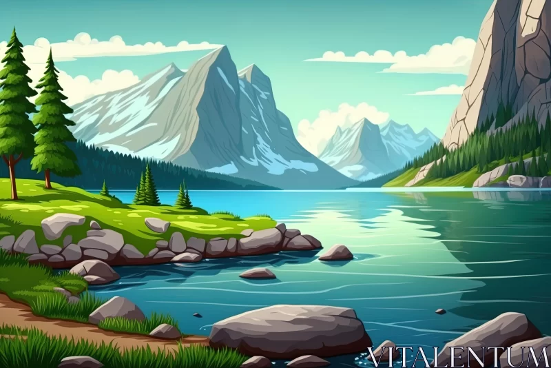 Serene Landscape with Mountains and Lake | Vibrant Cartoonish Style AI Image