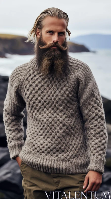 AI ART Serious Man on Rocky Coast with Geometric Sweater