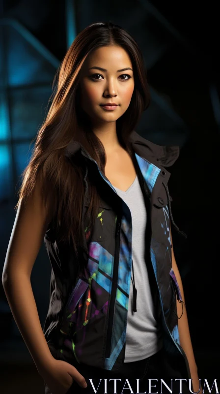 Serious Young Asian Woman in Colorful Vest AI Image