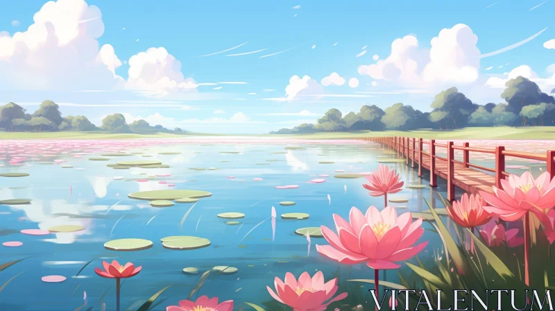 Tranquil Lake Landscape with Wooden Dock AI Image