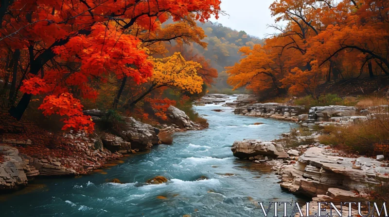 Tranquil River Landscape in Autumn Forest AI Image