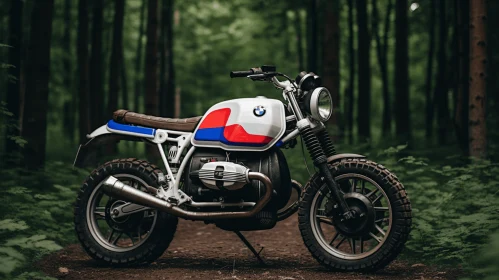 Vibrant BMW Motorcycle Parked in the Woods | Americana Iconography