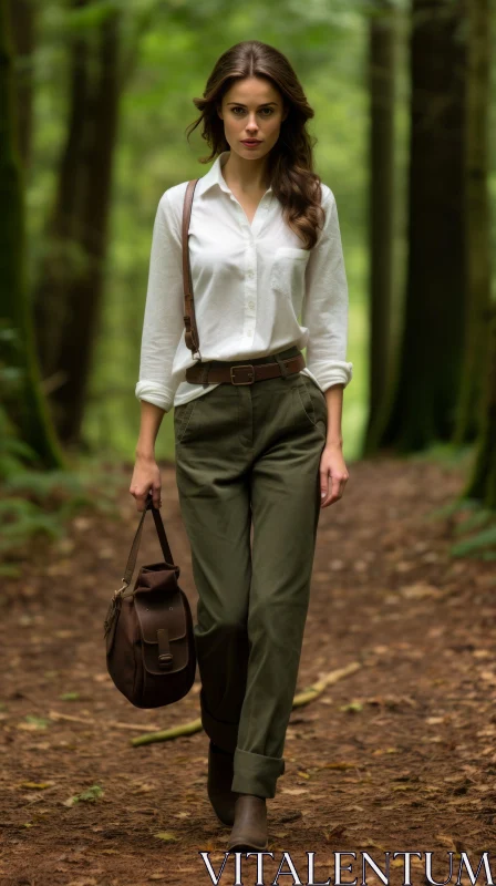 AI ART Young Woman Walking in Serene Forest Environment