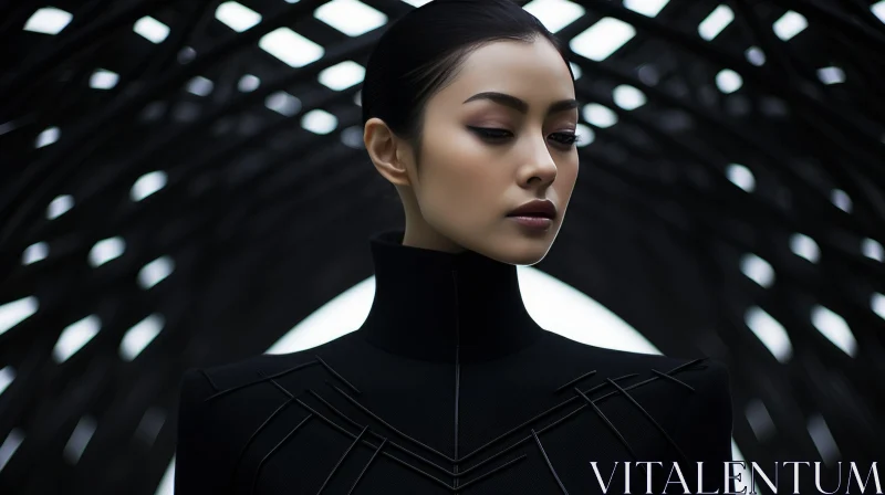 AI ART Asian Woman in Black Turtleneck Dress - Futuristic Setting