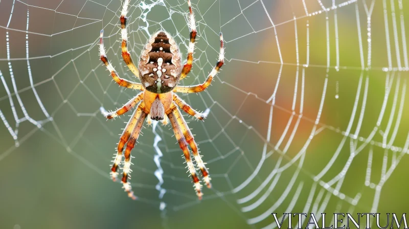 AI ART Brown and Orange Spider in Dew-Covered Web