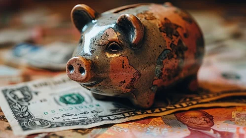 Ceramic Piggy Bank on Money | Cracked Surface | Abstract Art
