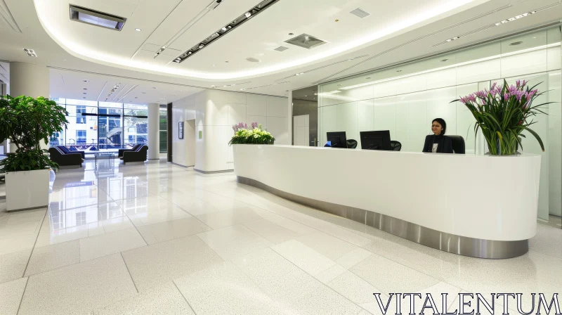 Contemporary Office Reception Area with White Curved Desk AI Image