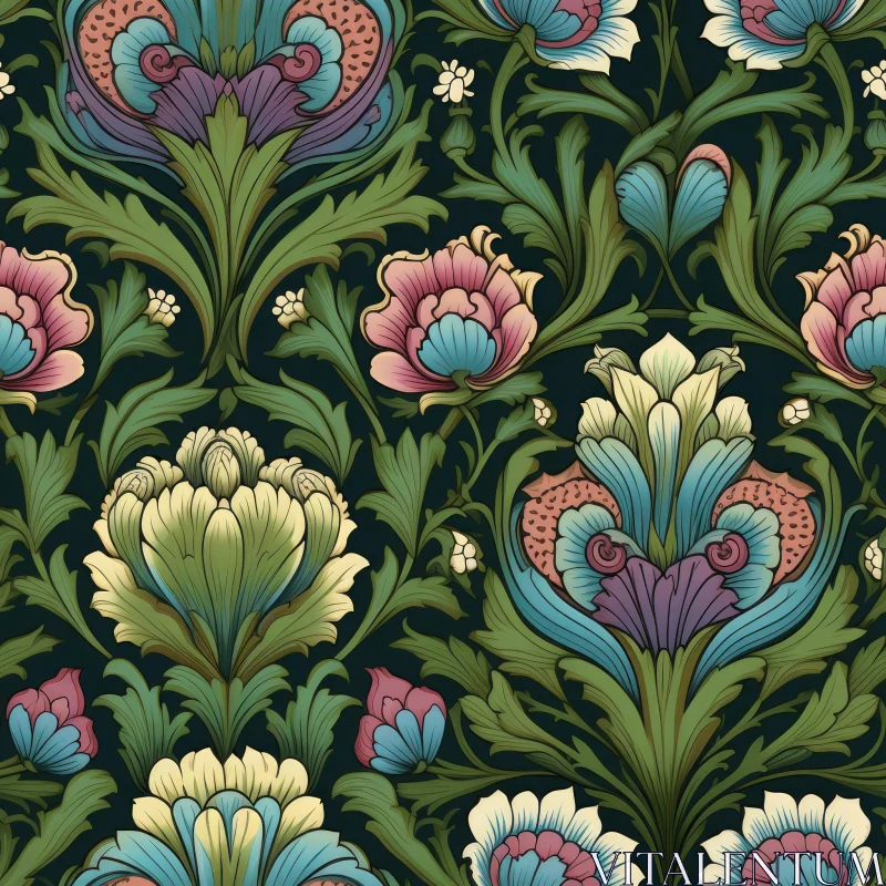 Dark Green Floral Pattern for Wallpaper and Fabric AI Image
