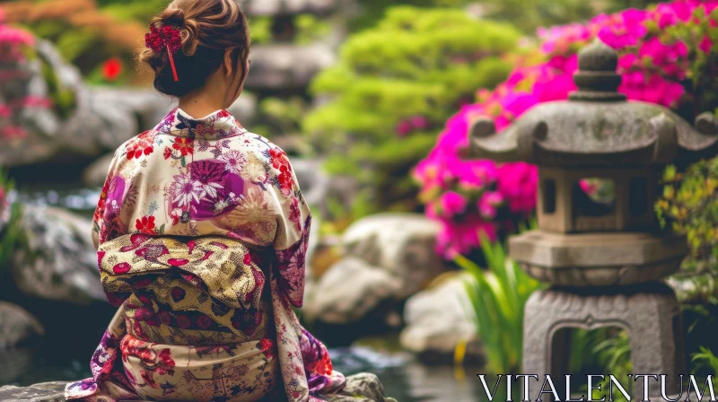 Enchanting Japanese Garden: A Serene Portrait of a Woman in a Kimono AI Image